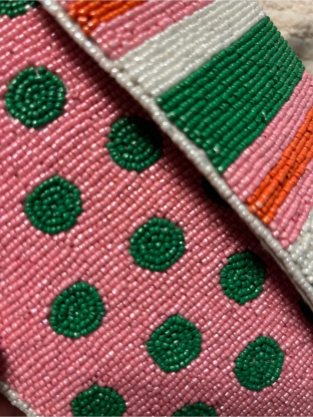 Handmade in India Fully Beaded Stripe Bag - Green, Pink & Orange